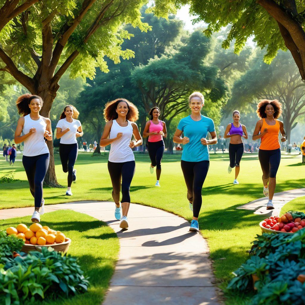 An inspiring scene of a diverse group of people engaging in healthy lifestyle activities like jogging, yoga, and cooking nutritious meals together in a lush park setting. Include symbols of health and wellness such as fruits, vegetables, and fitness equipment, with vibrant greenery all around. The atmosphere should convey positivity, hope, and community support. super-realistic. vibrant colors. uplifting mood.