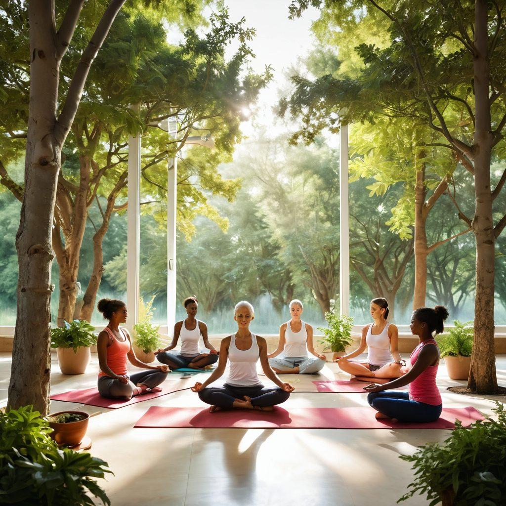 A serene and uplifting scene depicting diverse individuals engaged in various wellness activities, such as yoga, meditation, and healthy cooking. Incorporate soft, warm colors and subtle nature elements like plants and sunlight filtering through trees to evoke a sense of peace and empowerment. Include symbols of cancer awareness, such as ribbons, in a respectful manner. radiant and positive atmosphere. super-realistic. vibrant colors. white background.