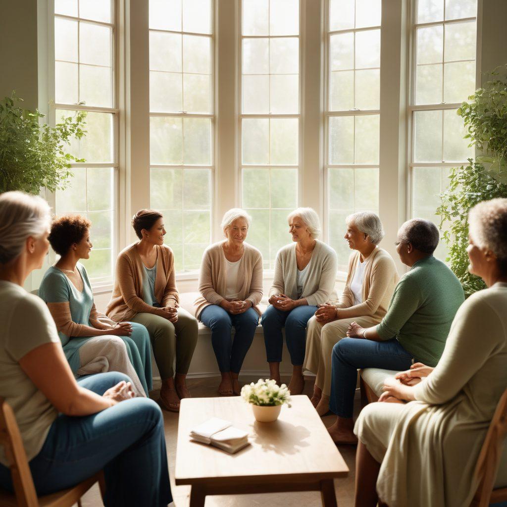 A diverse group of people of various ages and backgrounds sitting in a cozy, supportive circle, sharing their stories in a warm group therapy setting. Soft sunlight streaming through large windows, creating an inviting atmosphere. Visual elements symbolizing hope, such as flowers and supportive hands, subtly incorporated. A serene color palette of blues and greens to evoke tranquility and comfort. super-realistic. warm tones. soft focus.